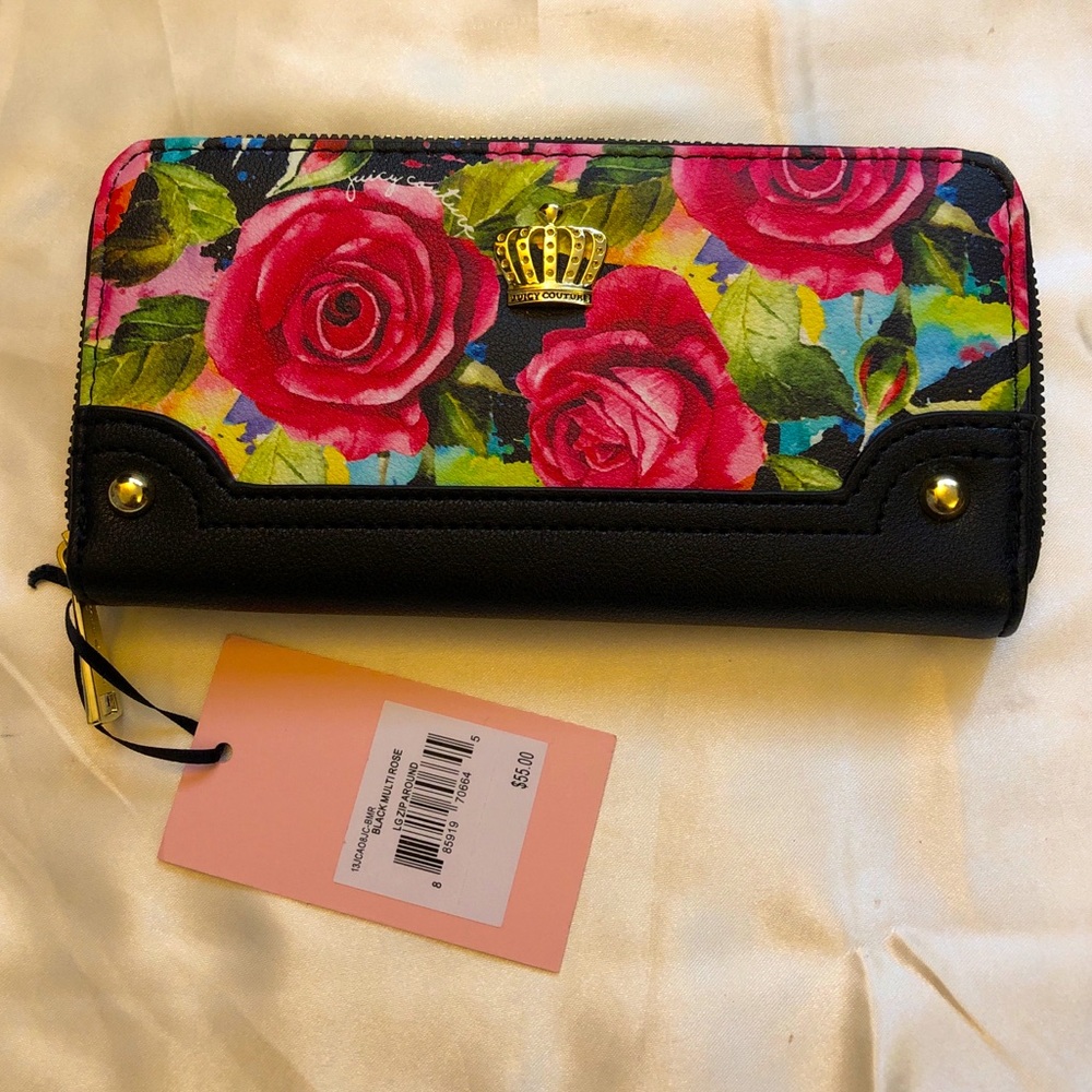 Juicy Couture Black Multi Rose Faux Leather Large Zip Around Wallet NWT